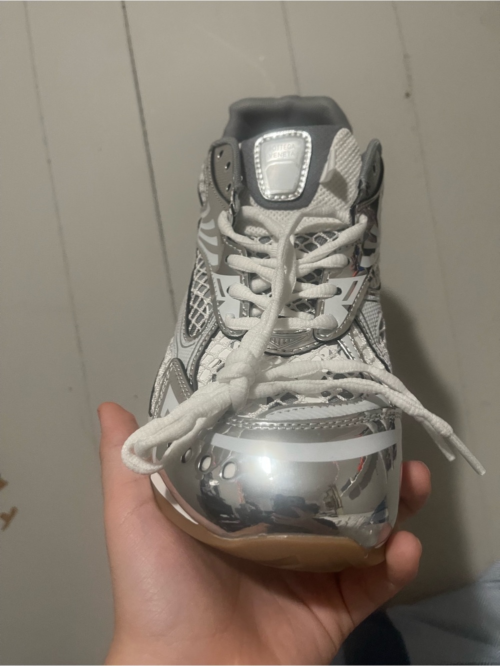 Bottega Veneta White and Silver Men's Mesh & Metallic Sneakers